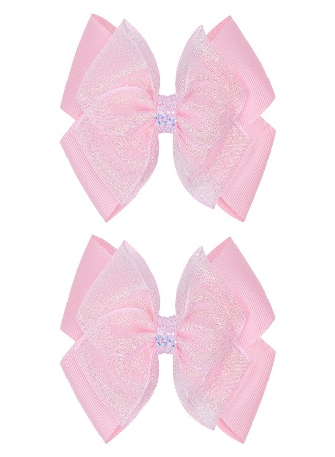 Zolyco Glitter 4.5-Inch Hair Bows Organza Alligator Clips, Sequin Delicate Double Silver Thread Woven Mesh Hair Accessories for Girls, Toddler, Kids and Women Birthday Wedding - Set of 2 (Light Pink) - Image 1